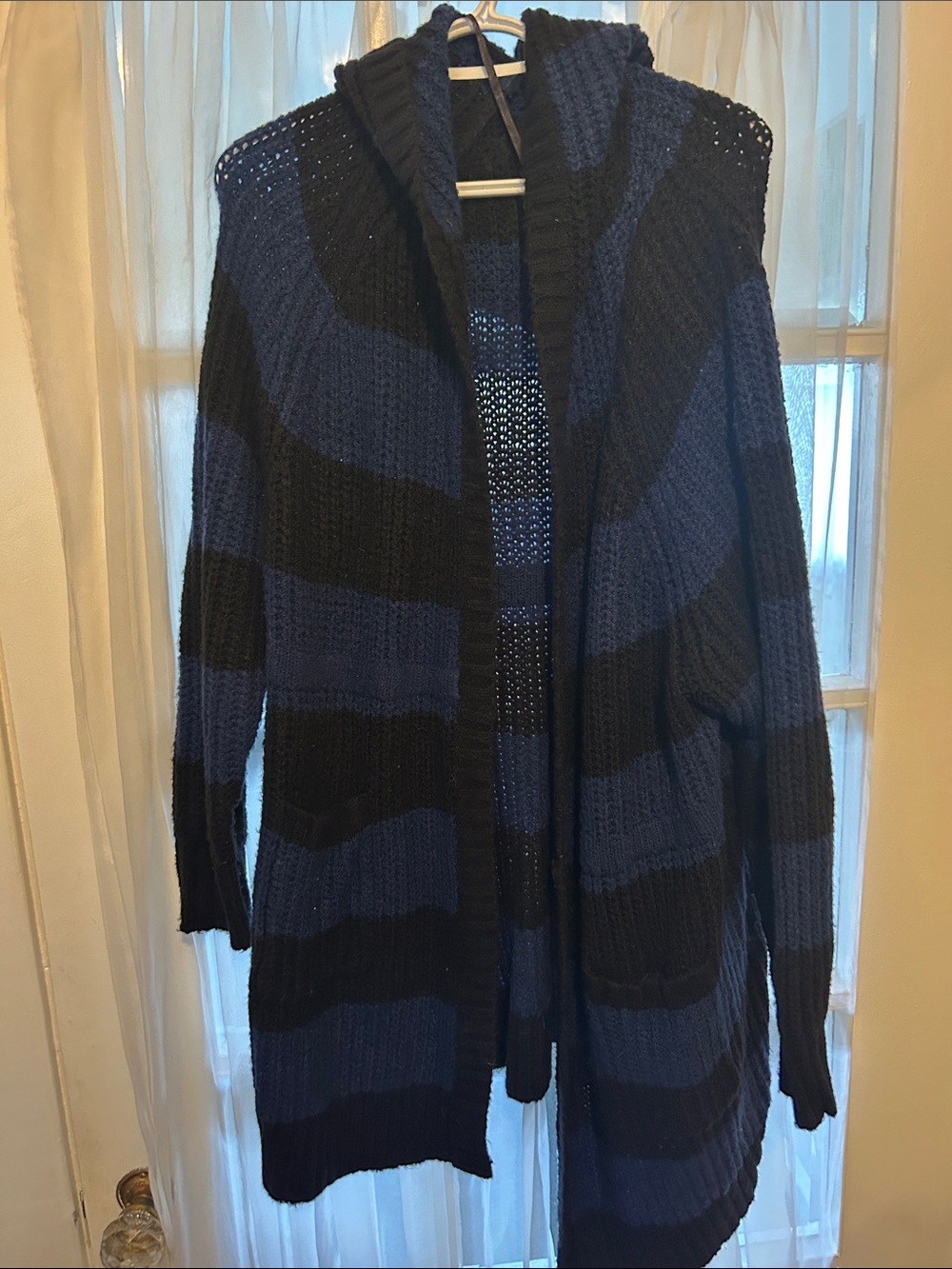 Torrid Open-Front Hooded Stripe Sweater Cardigan - Blue & Black